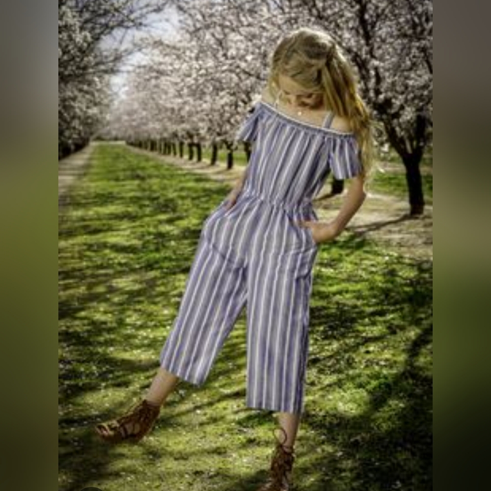 BEBE Girls Cold Shoulder Navy and White Striped Kids Jumpsuit Size 7-8 NWT